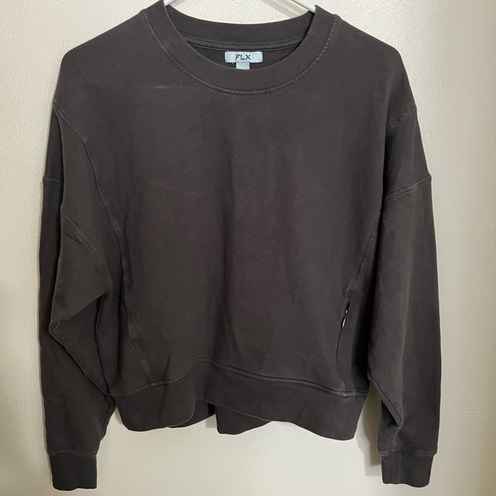 FLX Classic Cropped Fleece Athletic Crewneck Sweatshirt Pocket‎ Dark Grey Wms XS